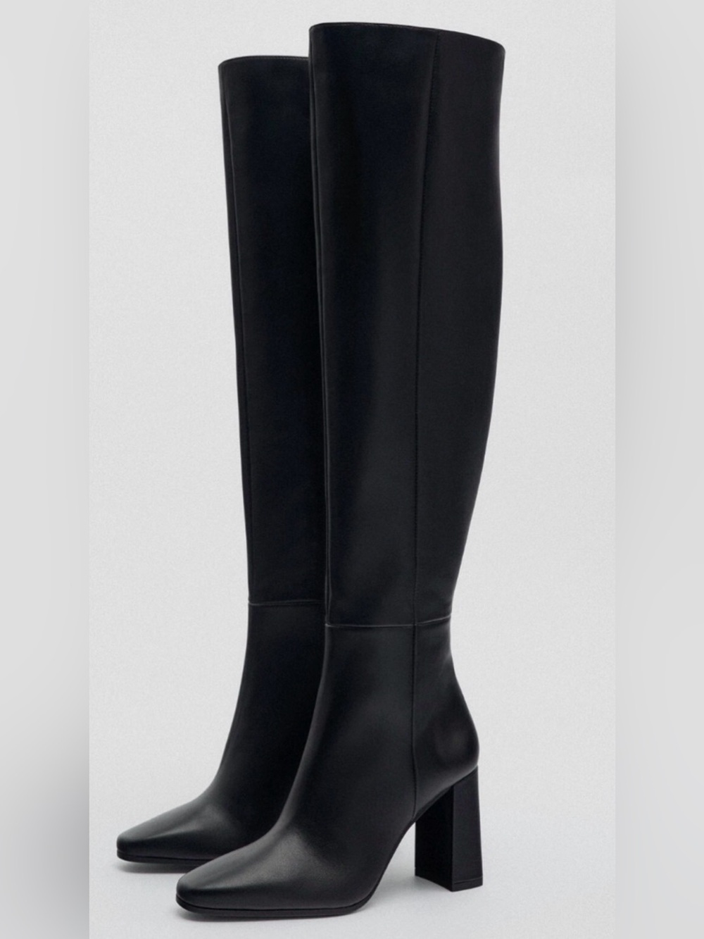 NEW ZARA BLACK LEATHER OVER THE KNEE BLOCK HEEL BOOTS SZ 36 37